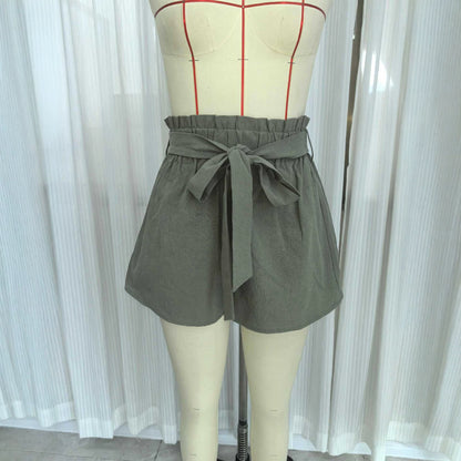 Solid color lace up waist shorts
