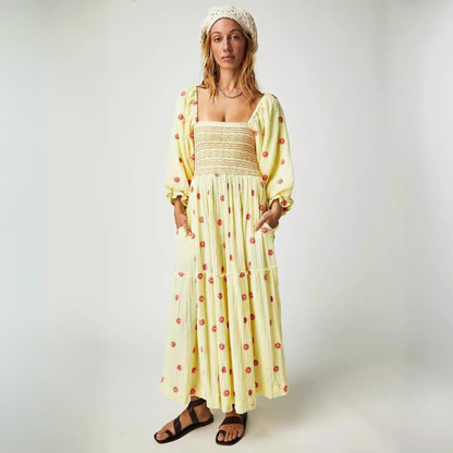MOIRA™ - Comfy Floral Lantern Sleeve Square Neck Maxi Dress