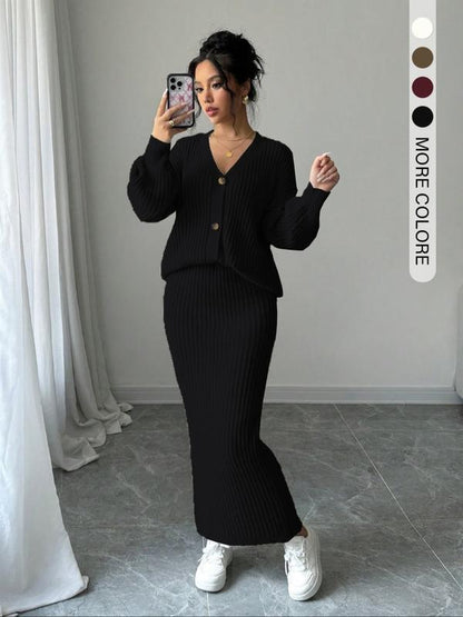 LEA™ - Solid Button Front Sweater & Long Skirt Knit Set