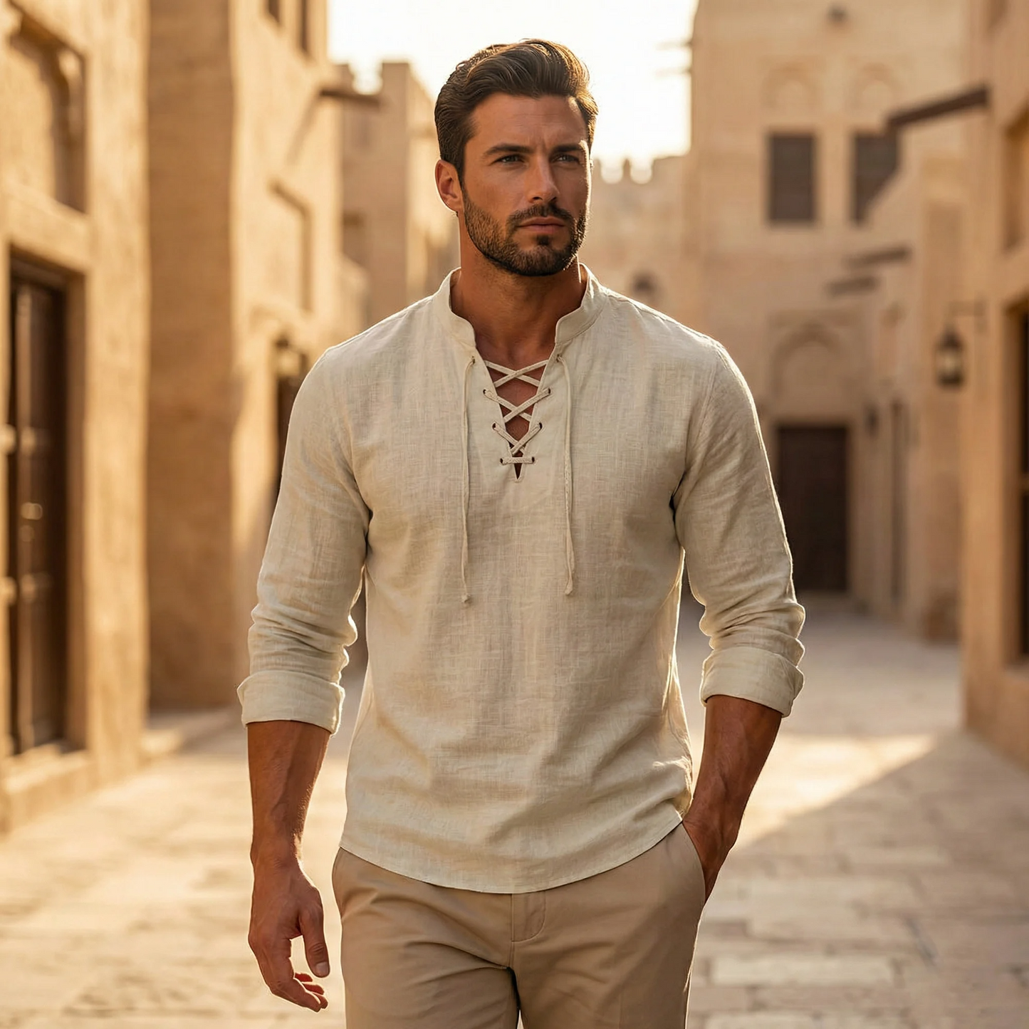 Valissen™ Coastal Drawstring Linen Polo – Relaxed Long Sleeve Summer Shirt