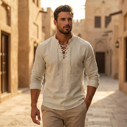 Valissen™ Coastal Drawstring Linen Polo – Relaxed Long Sleeve Summer Shirt