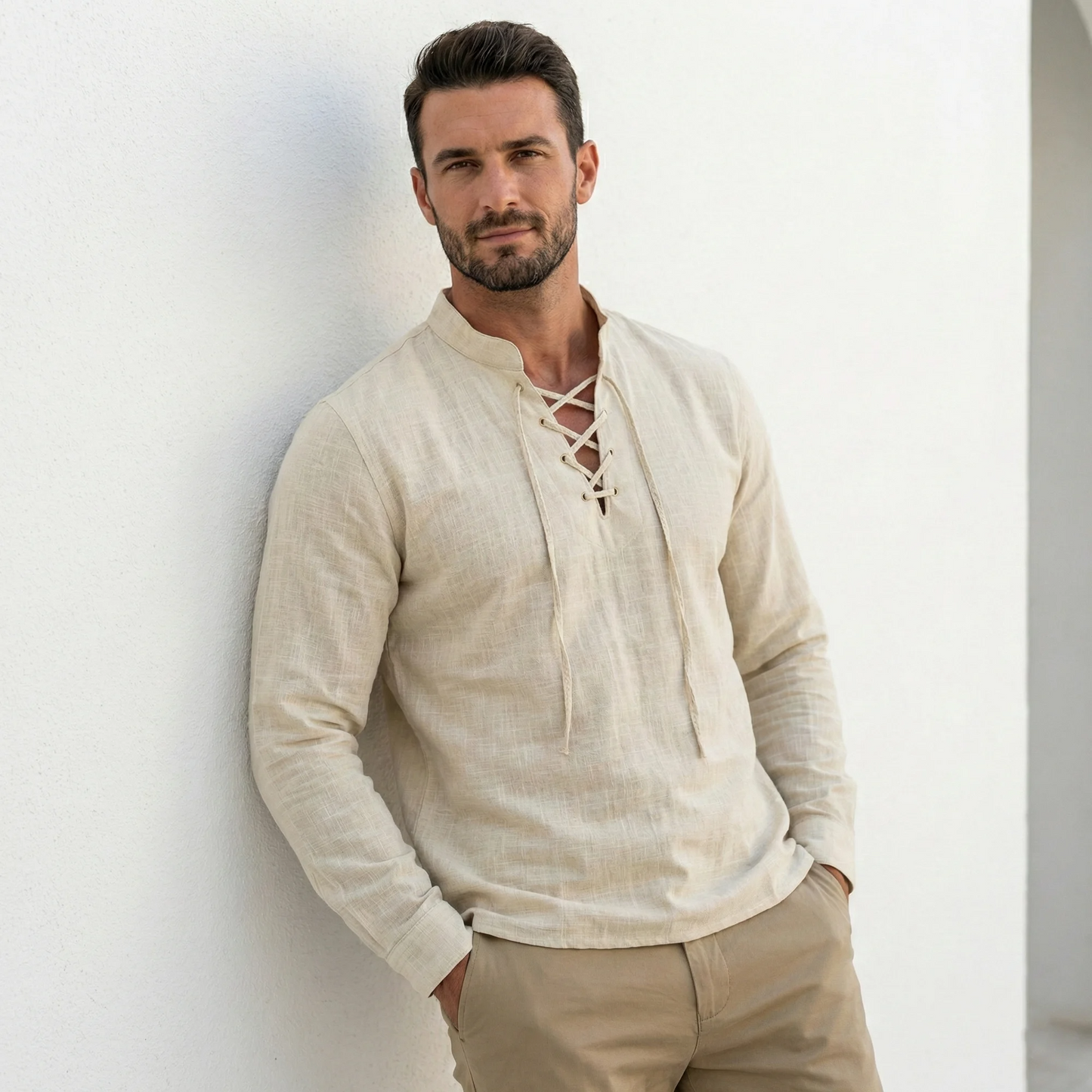 Valissen™ Coastal Drawstring Linen Polo – Relaxed Long Sleeve Summer Shirt
